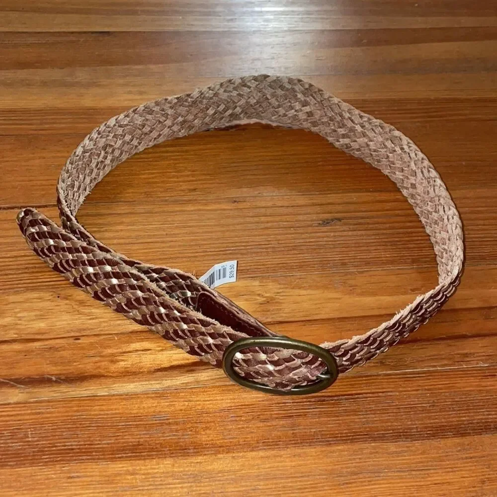 American Eagle Braided Leather Belt Brown Gold Oval Buckle Womens S/M